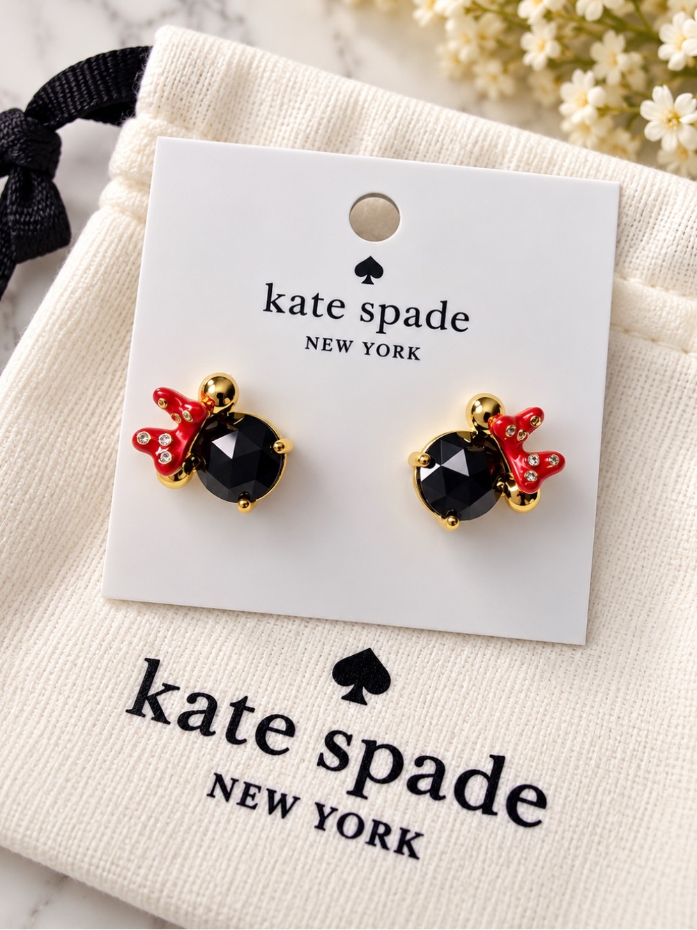 kate spade Black Faceted Stone & Red Bow Gold-Tone Stud Earrings